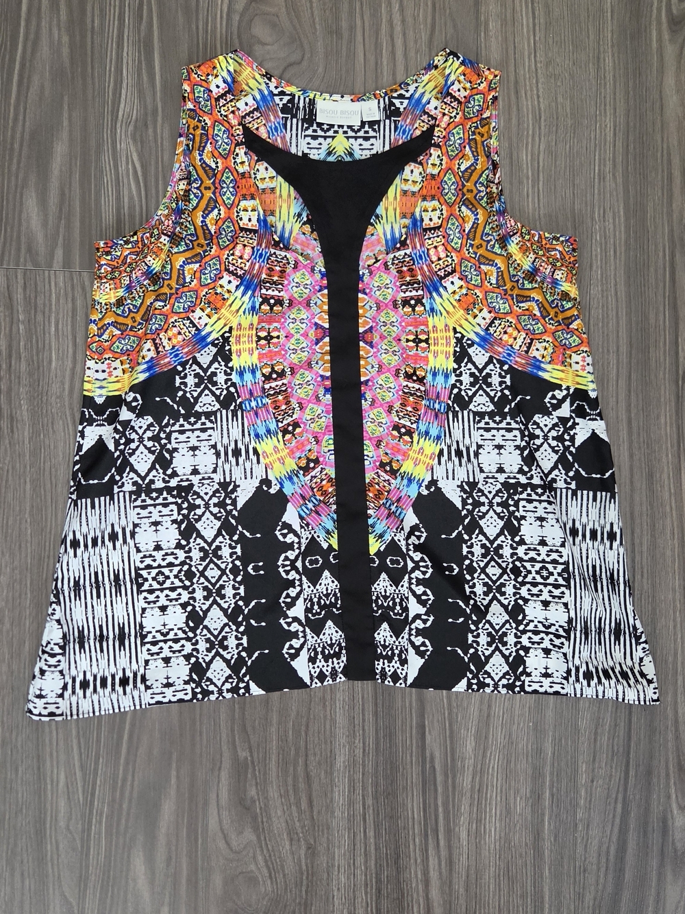 Bisou Bisou Black Tank Top with Multicolor Aztec Print